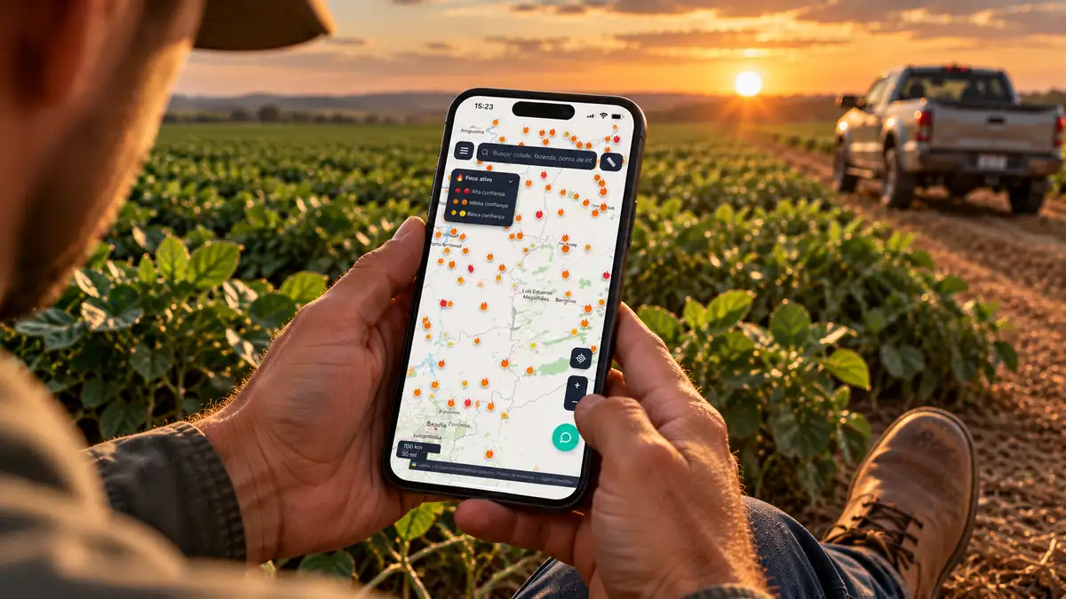 Produtor consulta o mapa de focos de calor no celular, no meio da lavoura