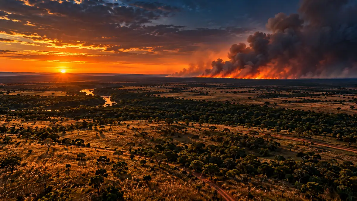 Fumaça de queimada avançando sobre o cerrado ao entardecer