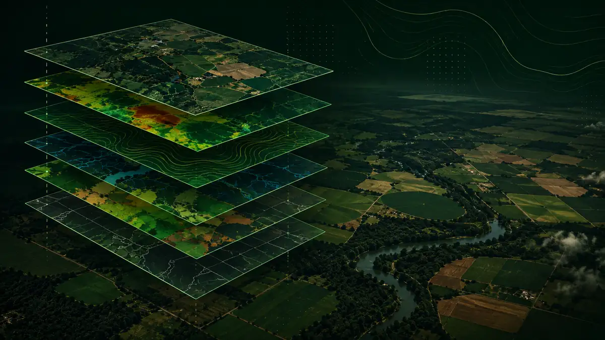Camadas de dados sobrepostas a uma paisagem rural: imagem de satélite, uso do solo, relevo, hidrografia e limites dos imóveis